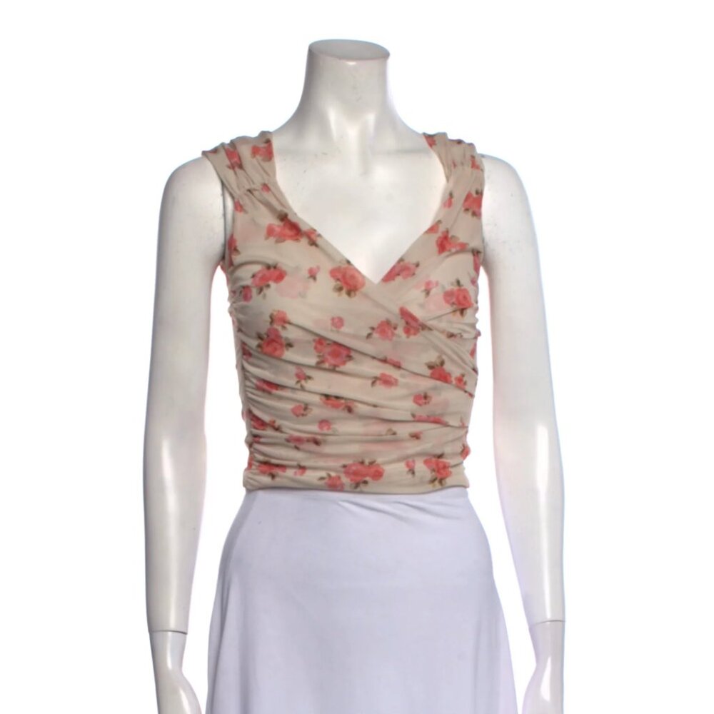 Rouje Beige Floral Crop Top with Pink Roses